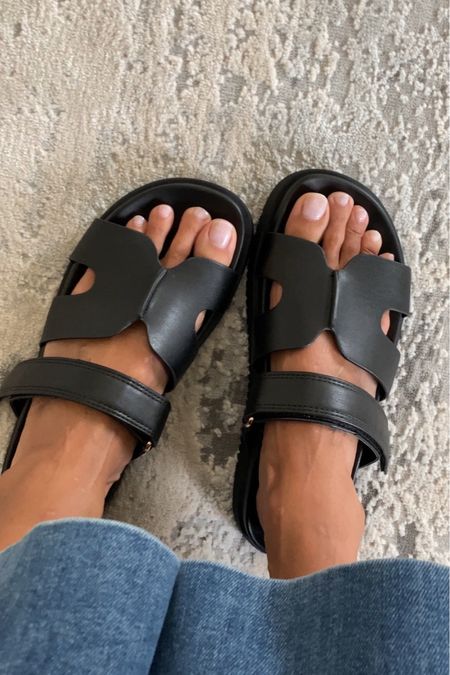 Resort wear. Vacation  Designer inspired sandals. Look for less. Comfy cushiony sole. Velcro top strap. I go between a 6 and 6.5 and took a 6 in these. Also comes in white.  
Wide leg jeans size down. 

#LTKshoecrush #LTKfindsunder50 #LTKtravel