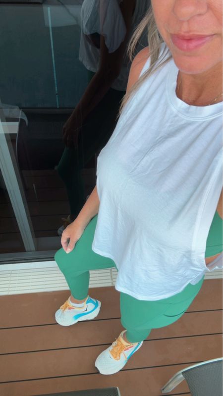 Obsessed with this green color set from Lululemon! Leggings size 6 and bra size 8. Tank is Amazon and I love wearing it to show off my workout bras but stay covered! Shoes are perfect (although I don’t usually wear them on lifting days) and TTS! 

#LTKfitness #LTKActive #LTKover40