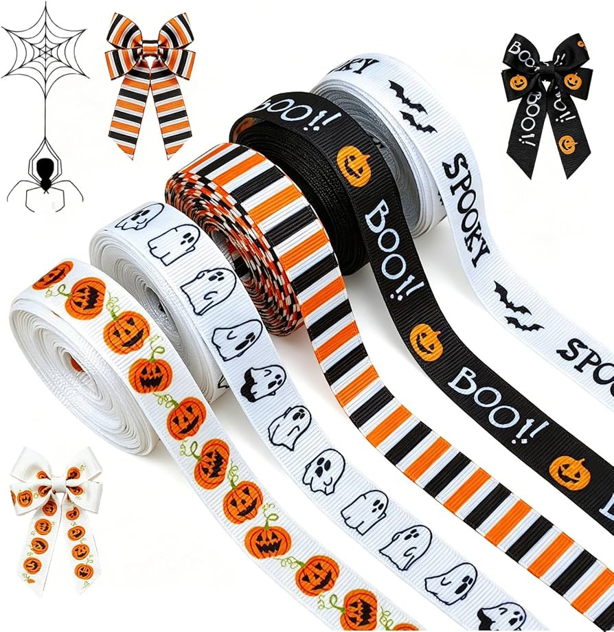 25 Yards Halloween Themed Ribbons 5 Rolls Pumpkin Ghost Striped Ribbon for Crafts, Gift Wrapping ... | Amazon (US)