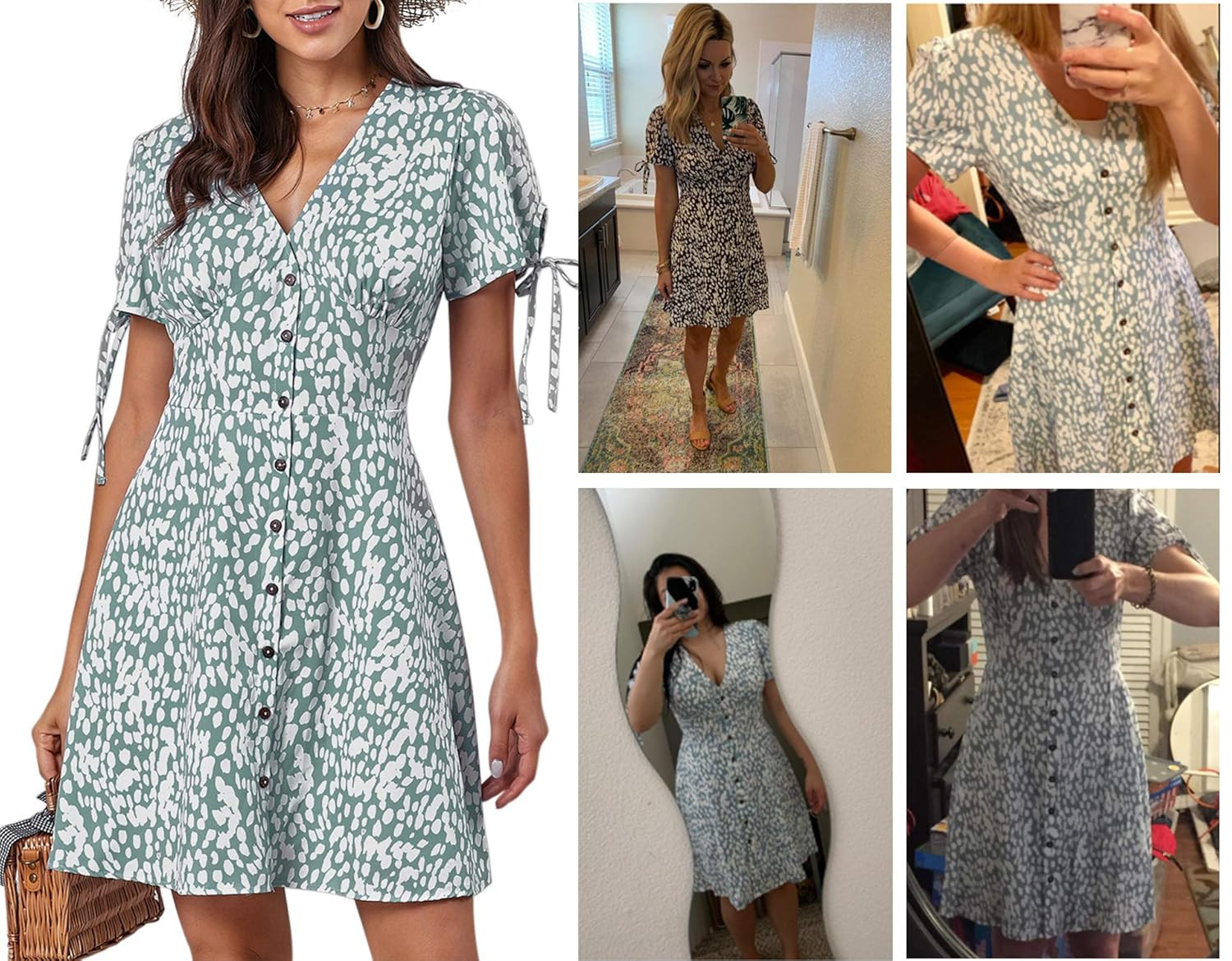 BTFBM Women Summer Printed V Neck Button Down Casual Party Short Dress with Tie Sleeve | Amazon (US)