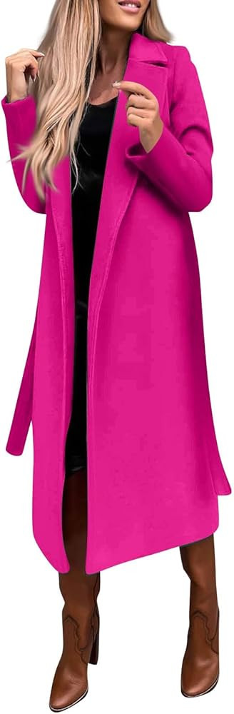 Trench Coat Women Notched Collar Wool Blend Midi Long Overcoat Thicken Warm Belted Pea Coats Soli... | Amazon (US)