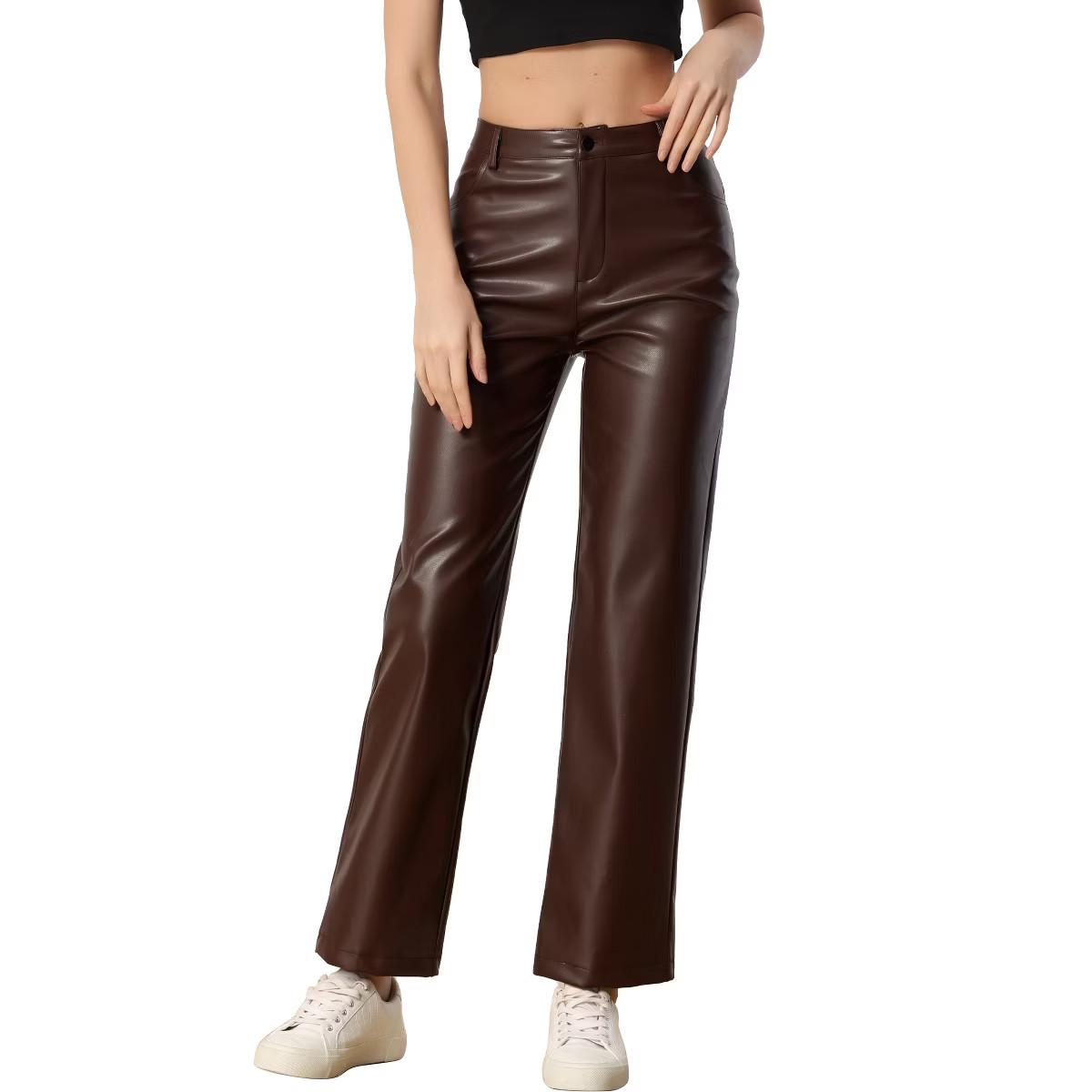INSPIRE CHIC Women's High Waist Straight Leg Side Pockets Casual Punk Faux Leather Pants Brown La... | Target