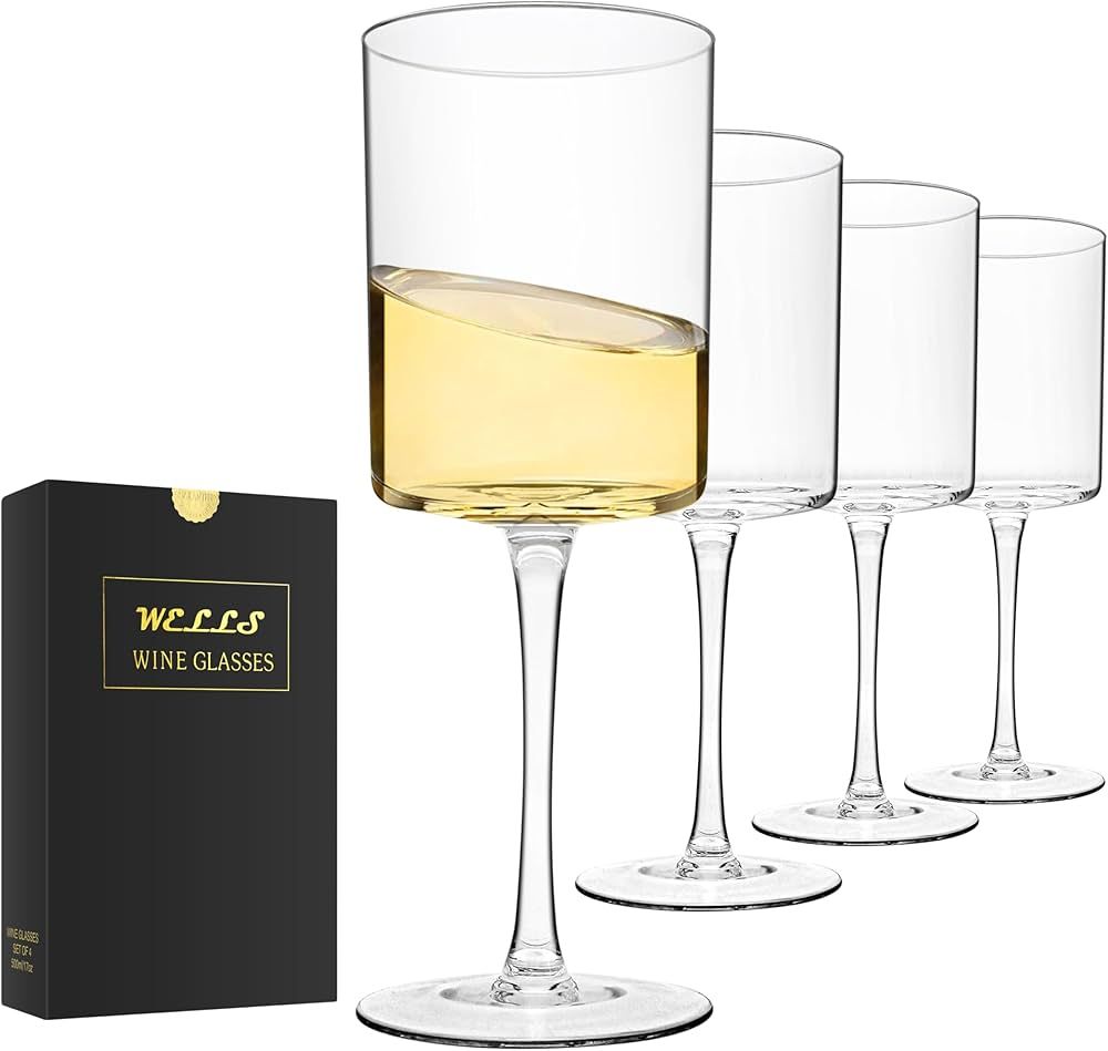 Large Square Wine Glasses Set of 4 Crystal,17oz Clear Cylinder Wine Glassware Flat Bottom,Hand Bl... | Amazon (US)