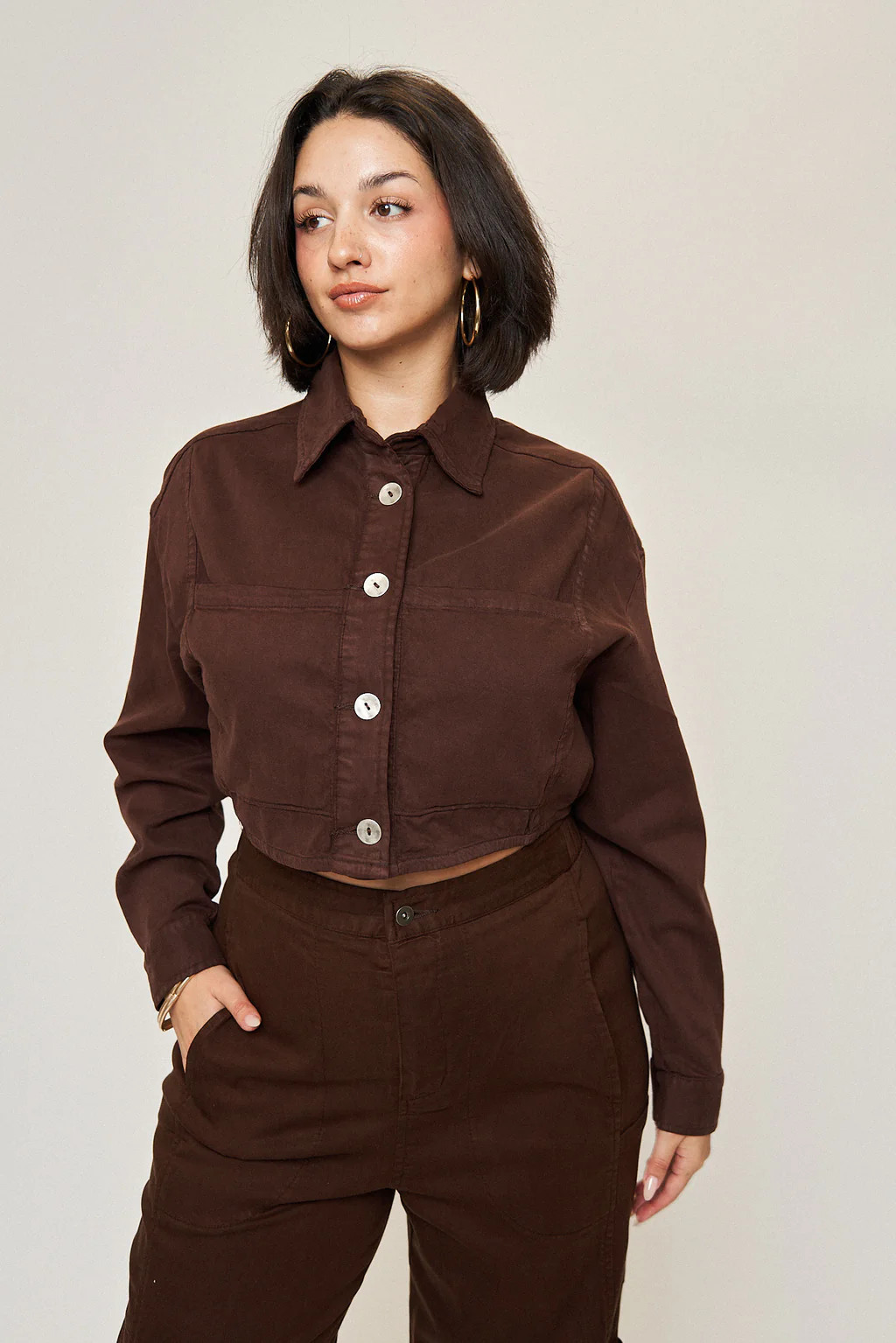 Drew Cotton Tencel Crop Jacket in Espresso | What Lo Wants
