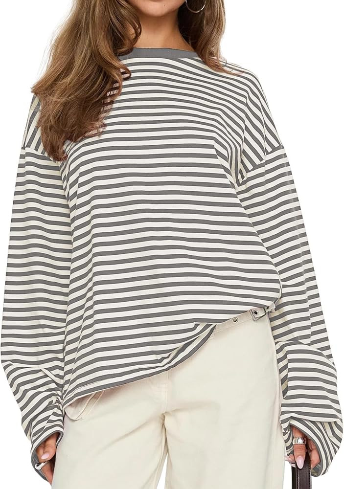 CHYRII Women Oversized Striped Long Sleeve T Shirt Fashion 2026 Crewneck Casual Fall Spring Tops ... | Amazon (US)