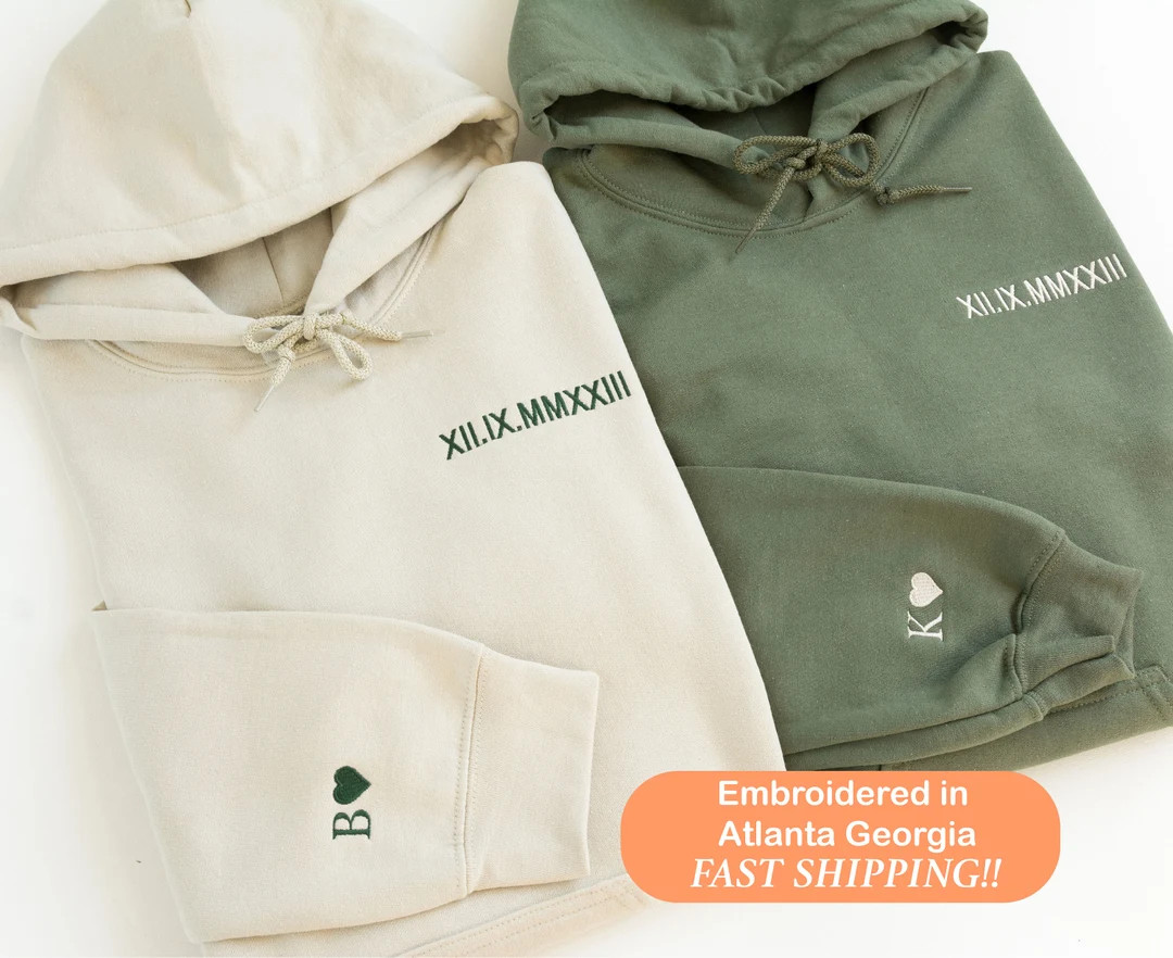 Custom Embroidered Roman Numeral Hoodie Couples Gift Personalized Gift Date Hoodie Initial on Sle... | Etsy (US)