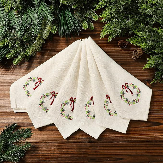 6 Pcs Christmas Cloth Napkins Xmas Linen Dinner Napkins 18 x 18 Inch Soft Embroidered Linen Squar... | Amazon (US)