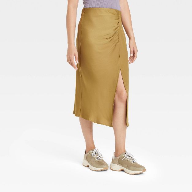 Women&#39;s Ruched Satin Midi Slip Skirt - A New Day&#8482; Olive Green L | Target