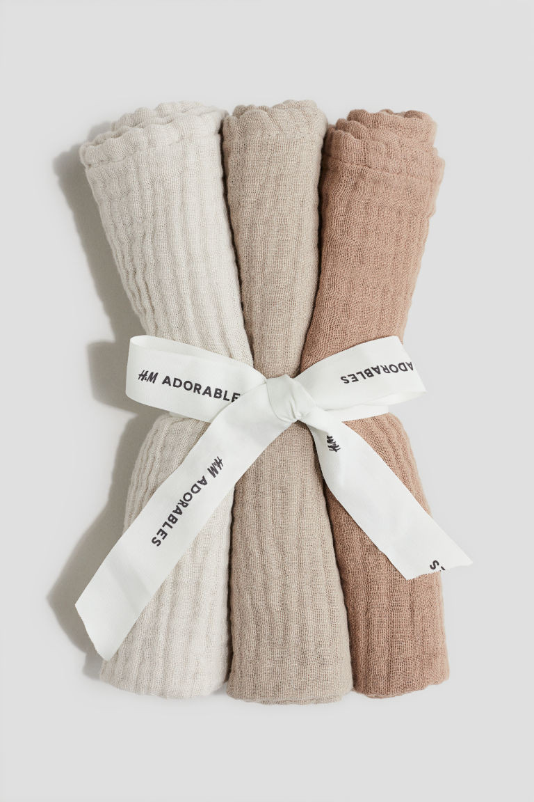 H & M - 3-pack Small Muslin Cloths - Brown | H&M (US + CA)