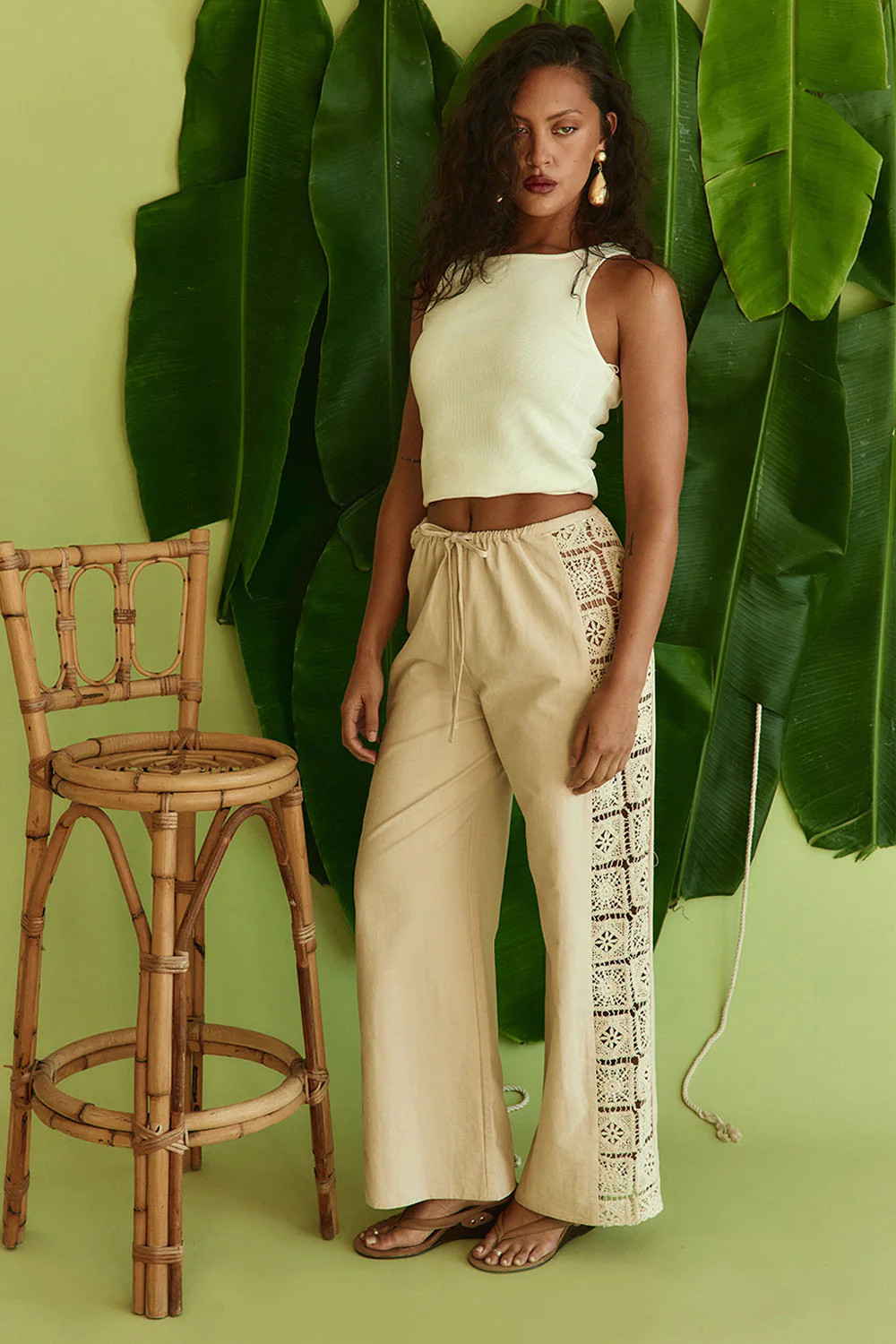 Beige Lace Panel Elastic Drawstring Reya Pants | Sabo Skirt US