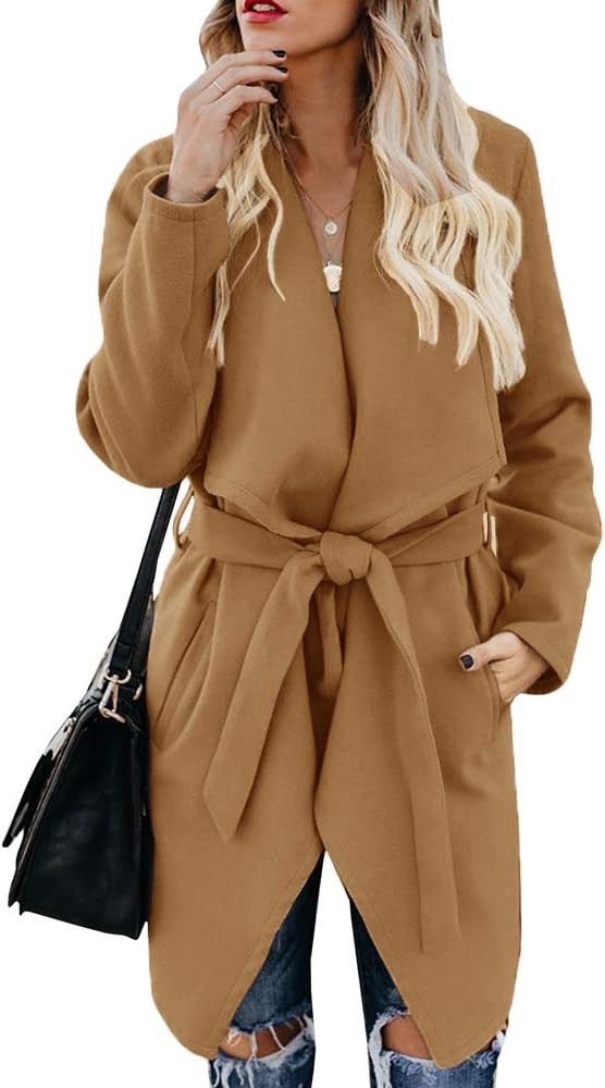 Foshow Women's Blend Lapel Wrap Belted Coat Pea Overcoat Casual Long Sleeve Trench Outwear Jacket... | Amazon (US)