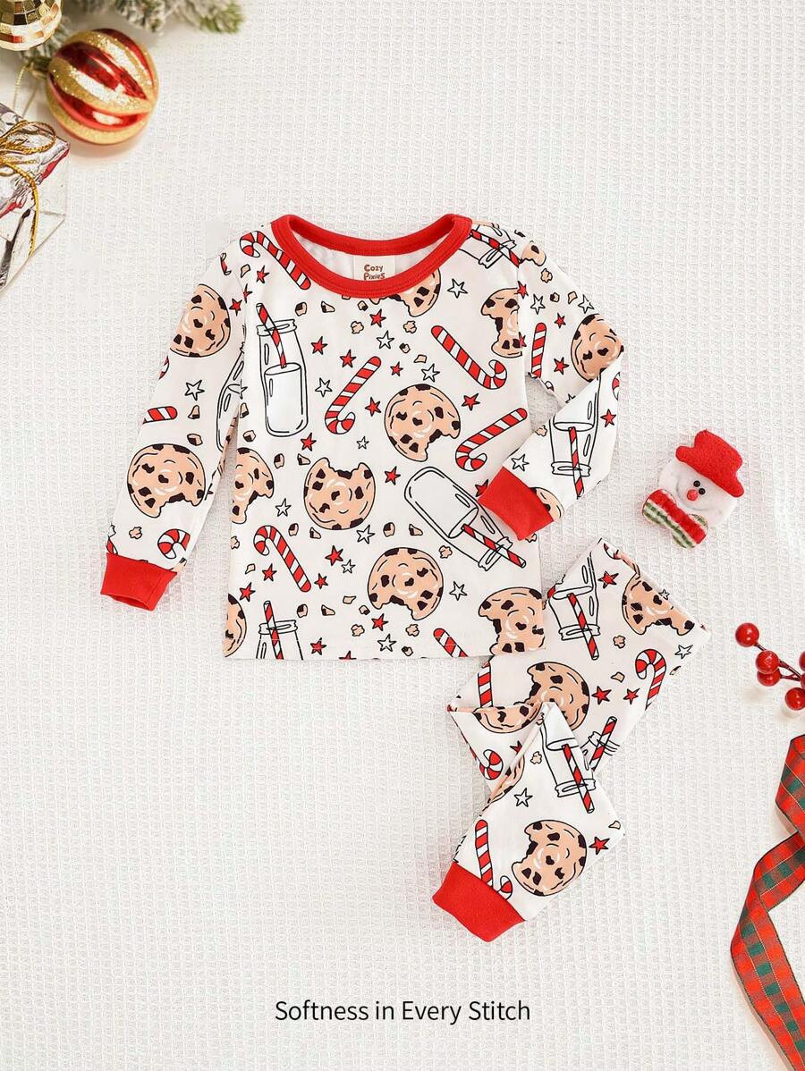 Cozy Pixies 2pcs Baby Girl Christmas Graphic Colorblock Crew Neck Long Sleeve Top And Pants Snug ... | SHEIN