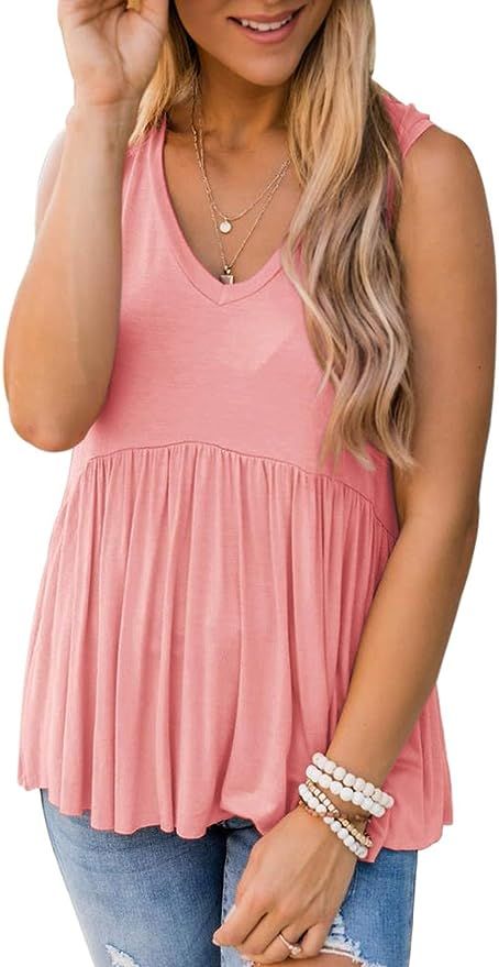 PINKMSTYLE Women's Ruffle V Neck Tank Tops Sleeveless Peplum Tee Shirts Babydoll Tops | Amazon (US)