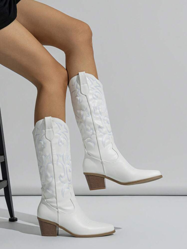 Women Embroidery Detail Chunky Heeled Western Boots, Vacation White Outdoor Fashion Boots
       ... | SHEIN