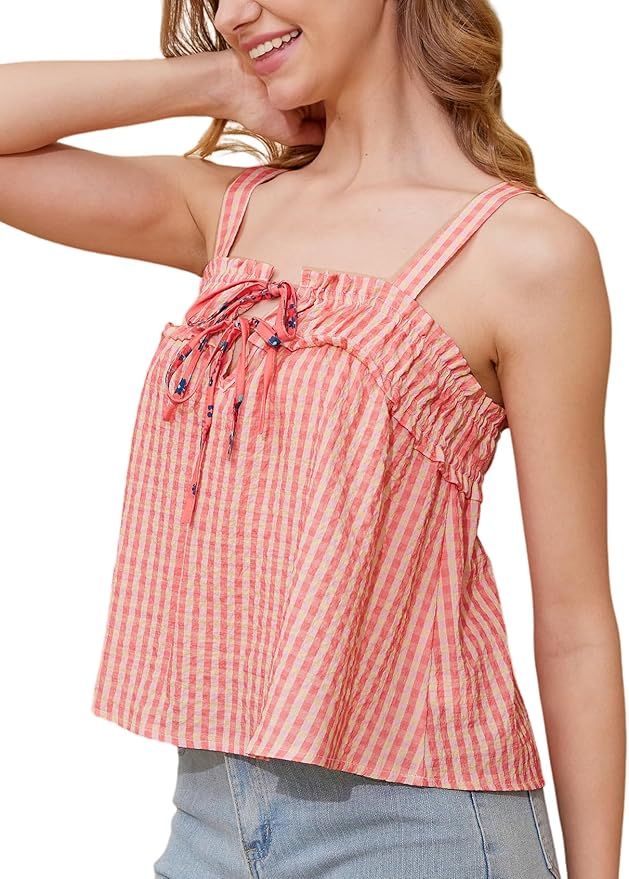 Arssm Gingham Tie Front Tops Women Camisole Crop Tank Tops Loose Square Neck Sleeveless Blouse Cu... | Amazon (US)