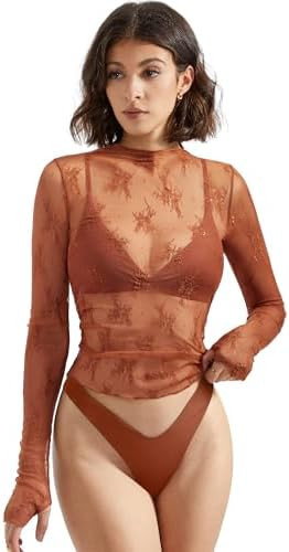 SUUKSESS Women Sexy Mesh Sheer Long Sleeve Tops Mock Neck Going Out Lace Shirts | Amazon (US)