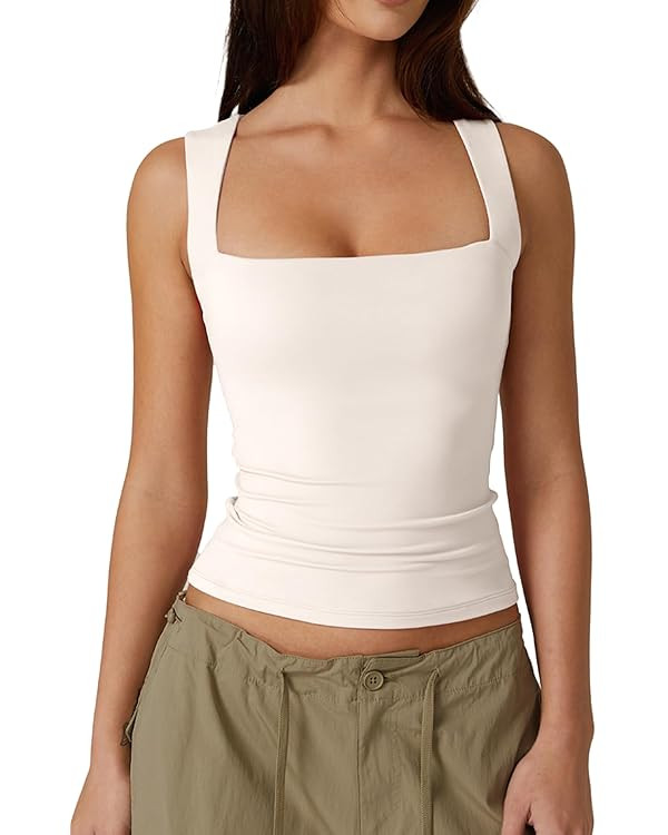 QINSEN Women's Square Neck Sleeveless Double-Layer Tank Tops Basic Tight T Shirts | Amazon (US)