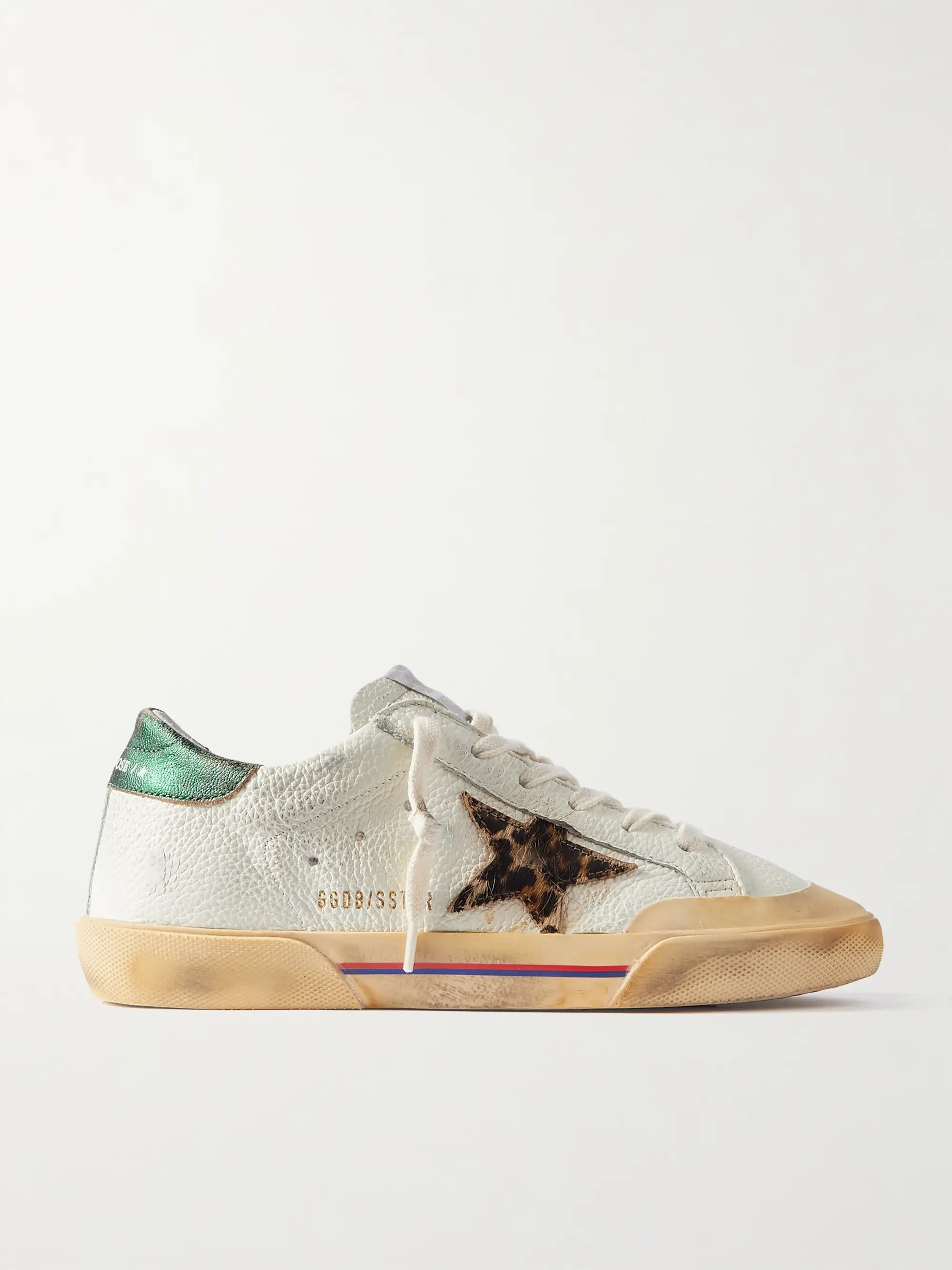 Superstar Penstar distressed leather, leopard-print-trimmed rubber sneakers | NET-A-PORTER APAC