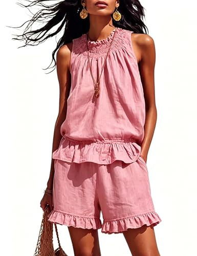 Bankeng Womens 2 Piece Sets Outfits Summer Beach Sleeveless Ruffle Soild Tank Tops and Shorts Pajama Sets(Pink,L) | Amazon (US)
