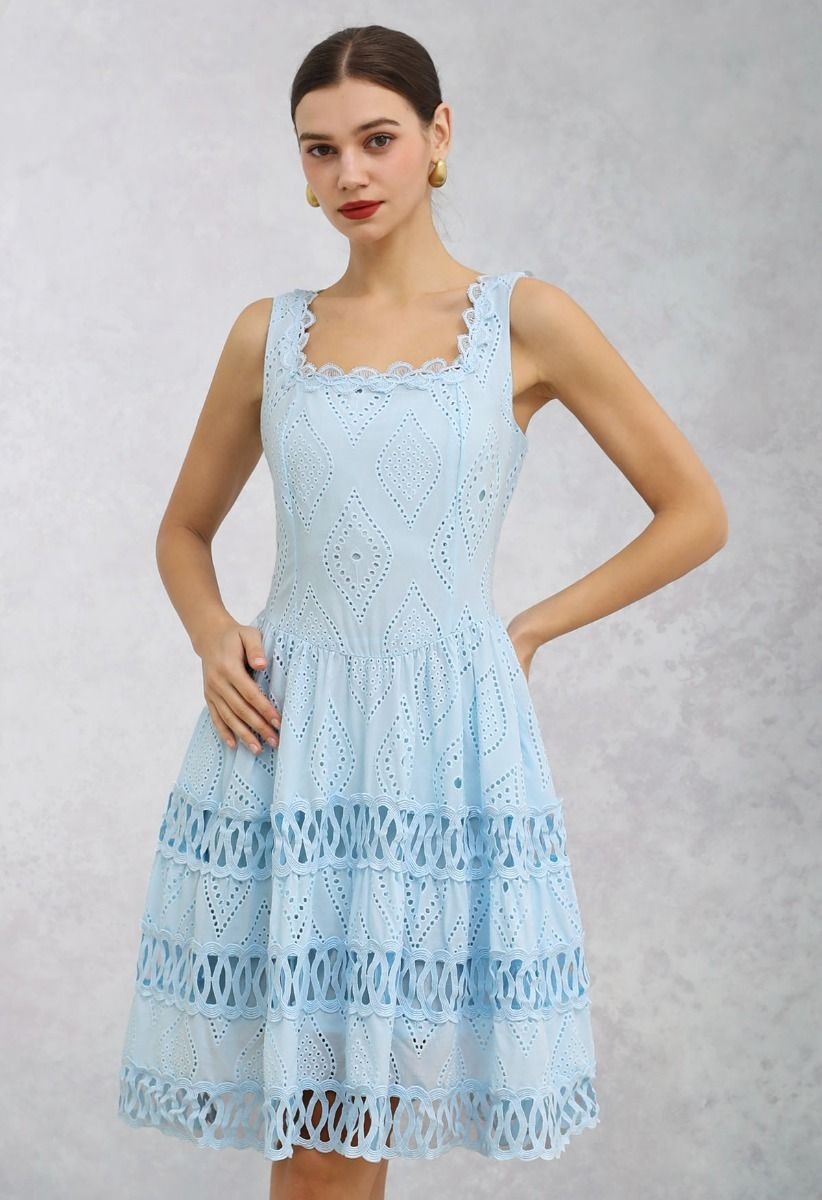 Geometric Eyelet Embroidered Square Neck Sleeveless Dress in Light Blue | Chicwish