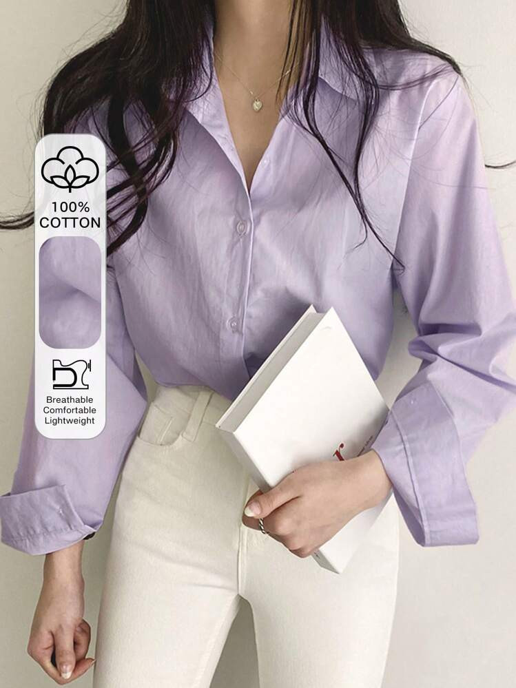 DAZY Solid Button Front Shirt,Long Sleeve Tops | SHEIN