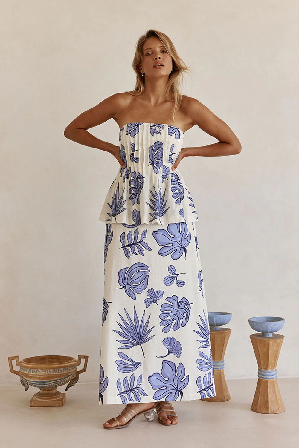 Blue Phylida Azure Print Strapless Maxi Reign Dress | Sabo Skirt US