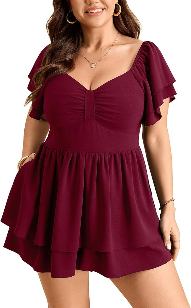 SCOMCHIC Women Plus Size Romper Dress Summer Short Jumpsuit Short Sleeve Sweetheart Neckline High... | Amazon (US)