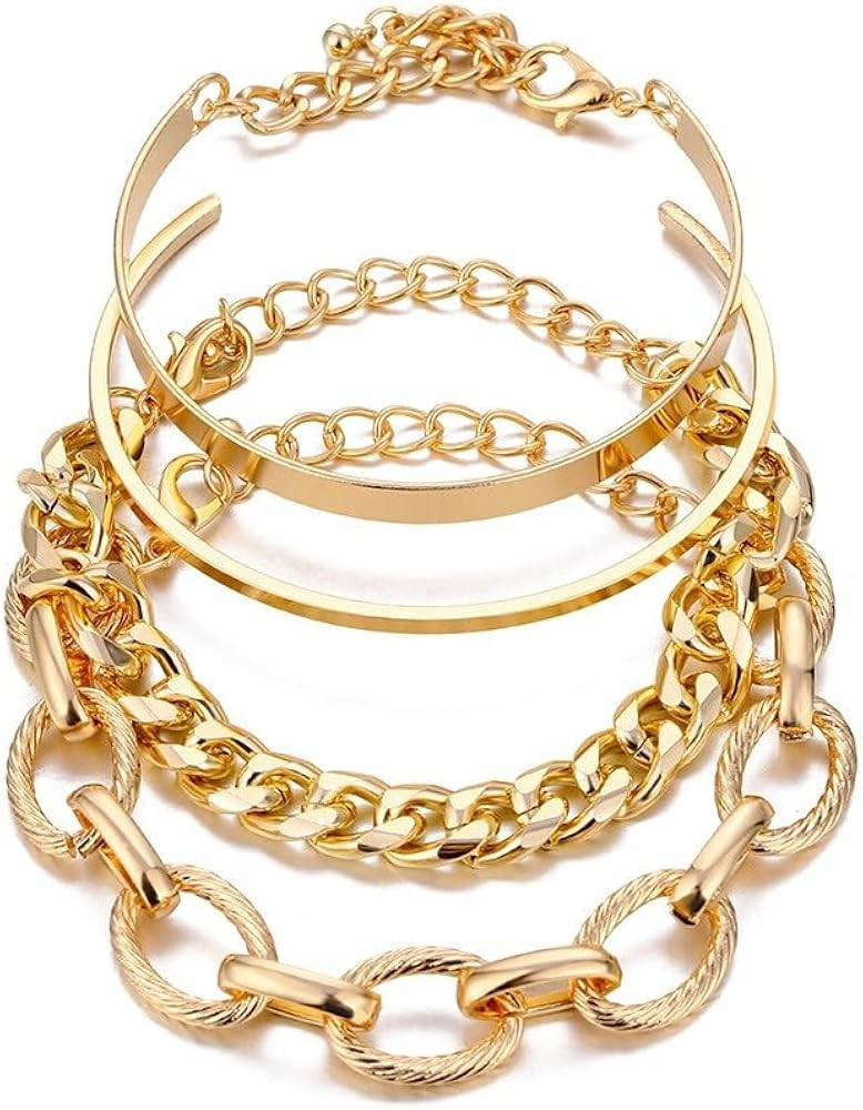 Amazon.com: Gold Bracelets for Women, 14K Gold Plated Dainty Layered Chain Bracelets Adjustable C... | Amazon (US)