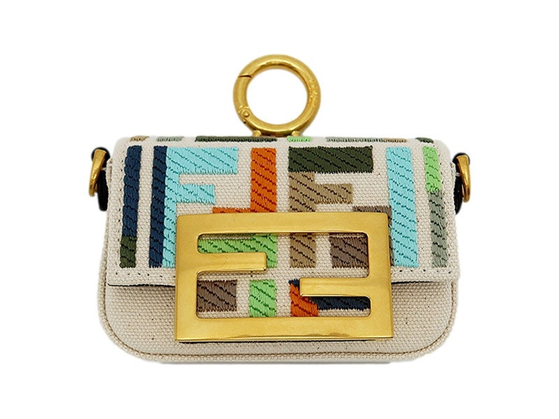 Fendi Canvas FF Embroidery Nano Baguette Charm Beige Multicolor | JTV Jewelry