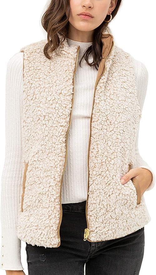 FASHION BOOMY Women's Quilted Padding Vest - Reversible Sherpa Fleece Zip Up Jacket with Pockets | Amazon (US)