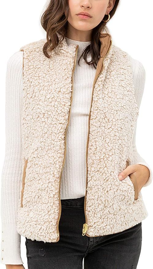 FASHION BOOMY Women's Quilted Padding Vest - Reversible Sherpa Fleece Zip Up Jacket with Pockets | Amazon (US)