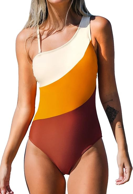 CUPSHE Women Color Contrast One Piece Swimsuit One Shoulder Cut Out Back Tummy Control Bathing Su... | Amazon (US)