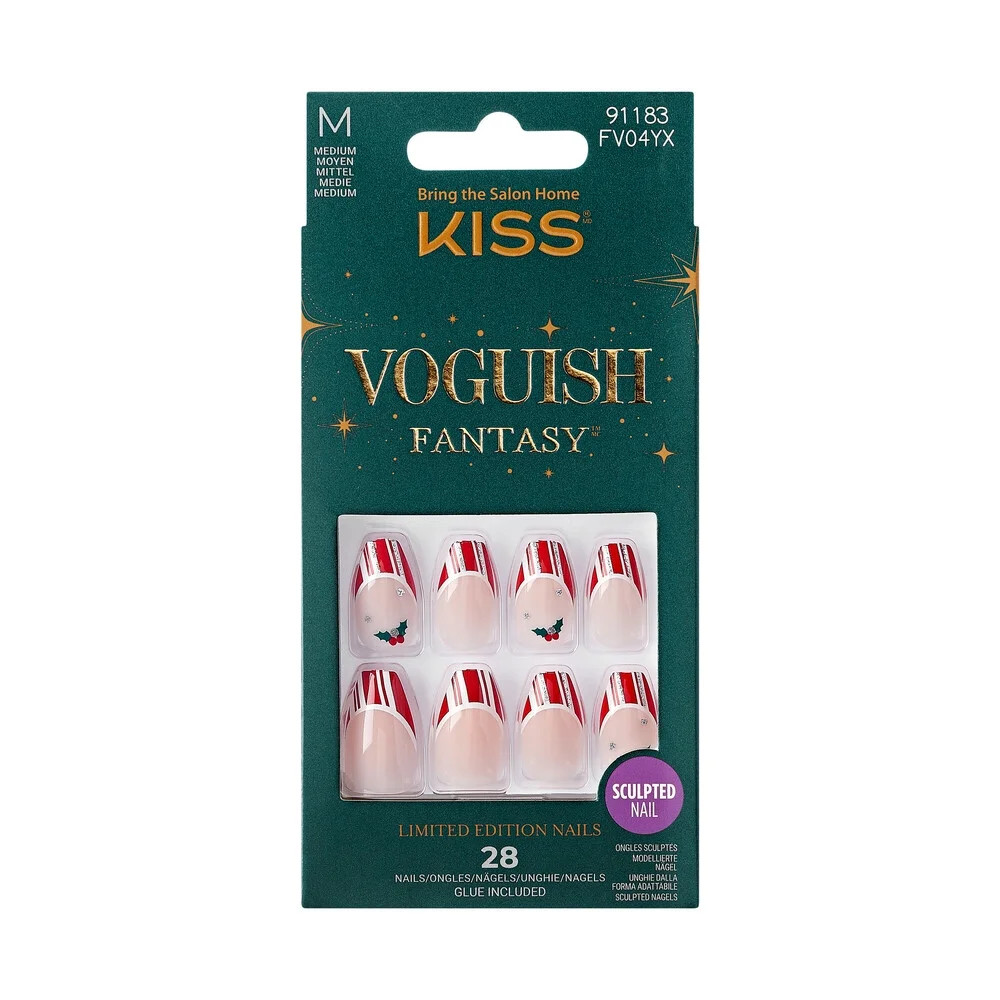 KISS Voguish Fantasy Holiday Press-on Nails, Sweater Time, Red, Medium Length, Coffin Shaped, 28 ... | Walmart (US)