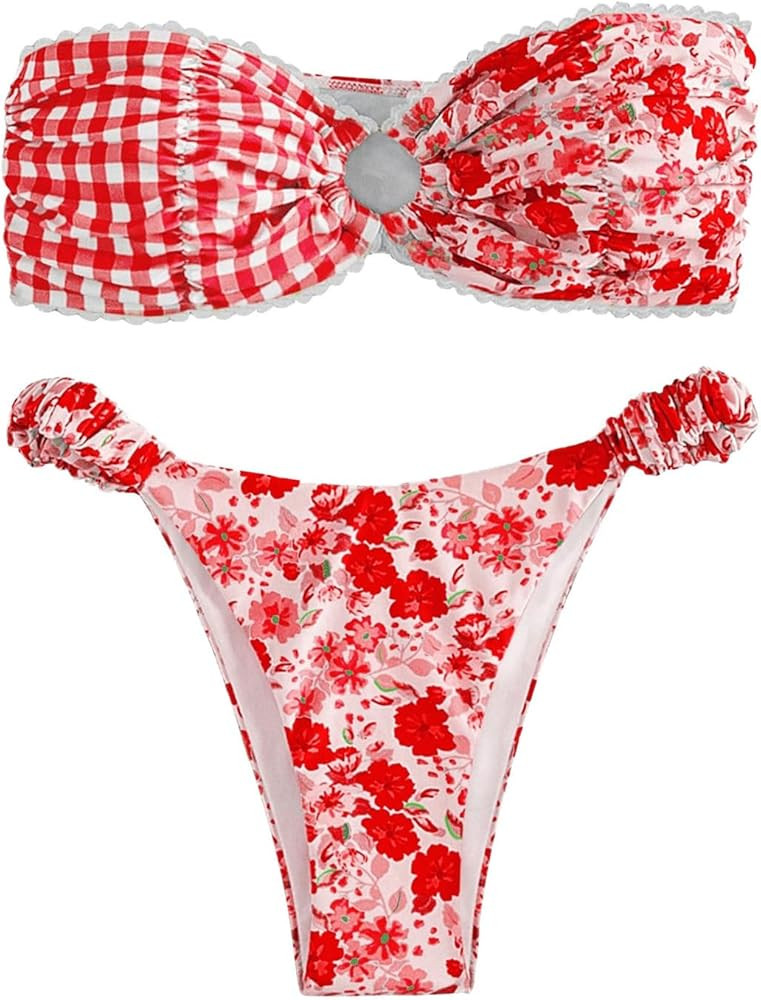 SHENHE Women's Floral Print O Ring Bandeau Bikini Bathing Suit 2 Piece Swimsuits | Amazon (US)