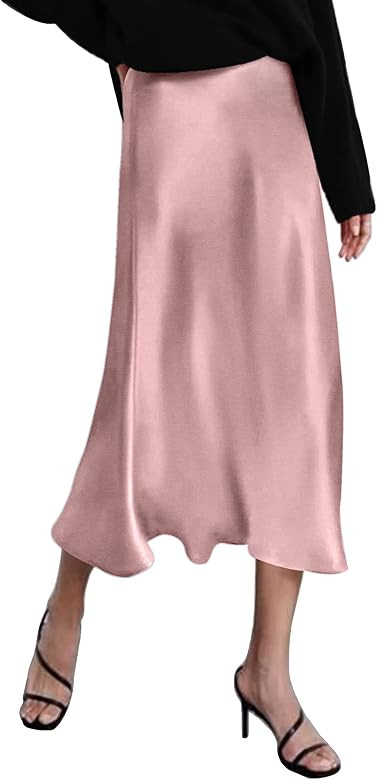 Zeagoo Womens Midi Skirt High Waisted Solid Satin Dress Zipper Elegant Work Skirts | Amazon (US)