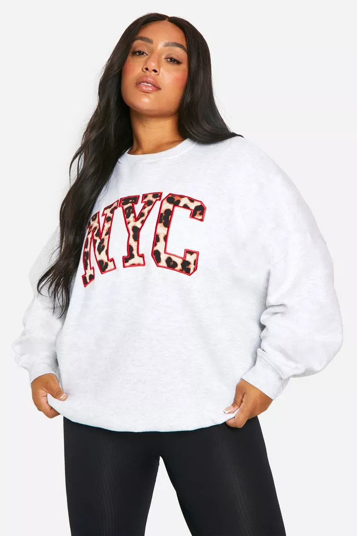 Plus Leopard Nyc Applique Sweatshirt | boohoo (US & Canada)