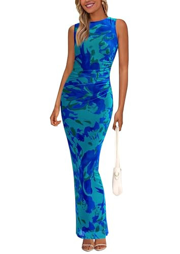 PRETTYGARDEN Womens Summer Wedding Guest Dress 2026 Spring Mesh Sleeveless Bodycon Ruched Floral Holiday Maxi Long Dresses(Green Blue Flower,Small) | Amazon (US)
