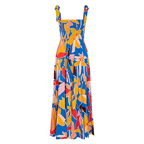 kinstell Women's Summer Boho Spaghetti Strap Square Neck Ruffle Casual Flowy Long Dress Beach Swing Party Maxi Dress Blue | Amazon (US)