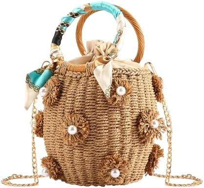NIBD Flower Pearls Rattan Tote Bag Summer Beach Drawstring Straw Bucket Bag Diamonds Woven Handba... | Amazon (US)