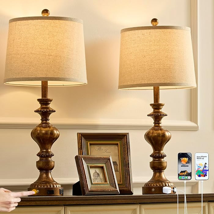 27.5" Farmhouse Table Lamps Set of 2 Bedside Nightstand Lamp with USB C+A Ports & AC Outlet, 3 Wa... | Amazon (US)