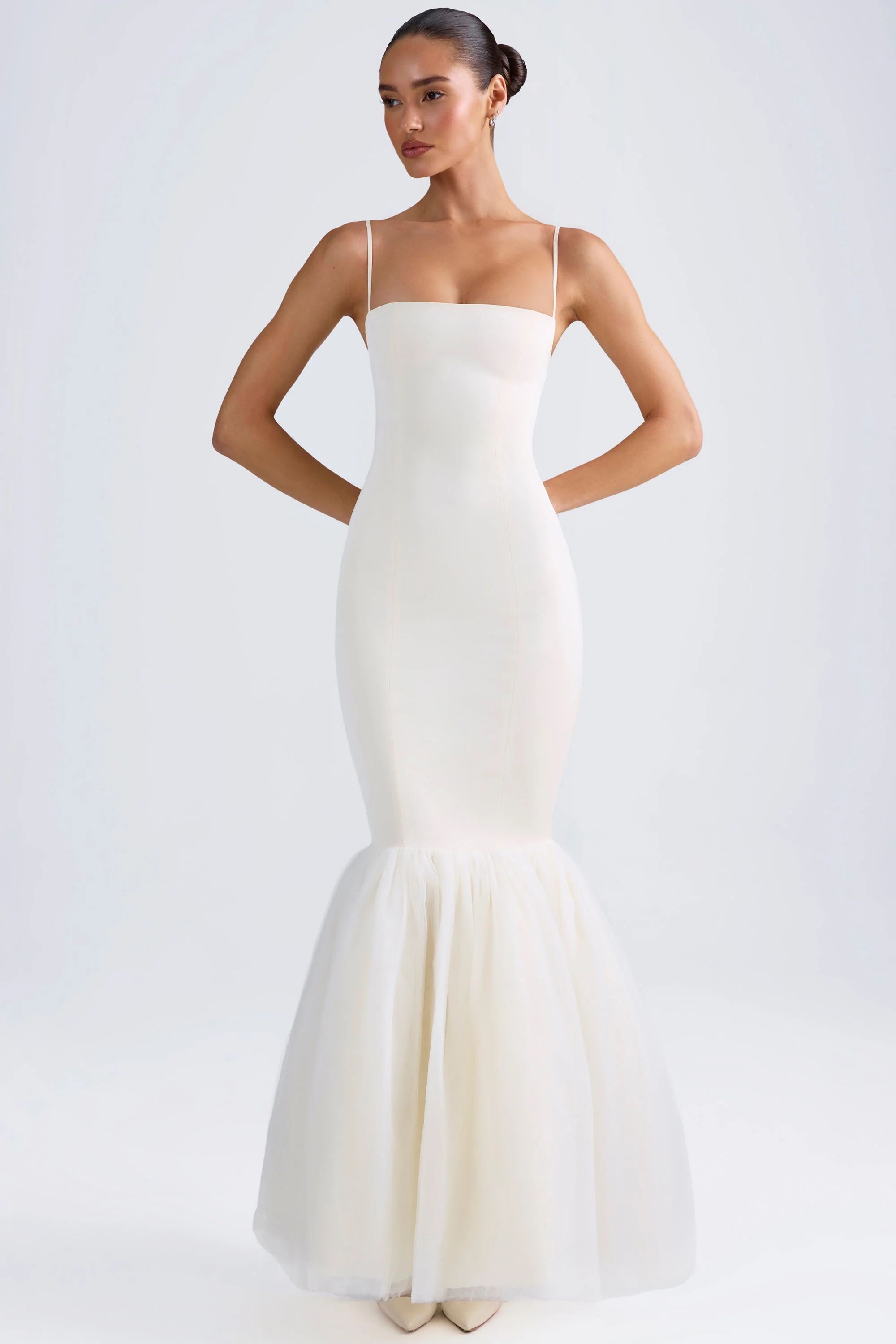 Tulle Hem Fishtail Gown in Ivory | Oh Polly