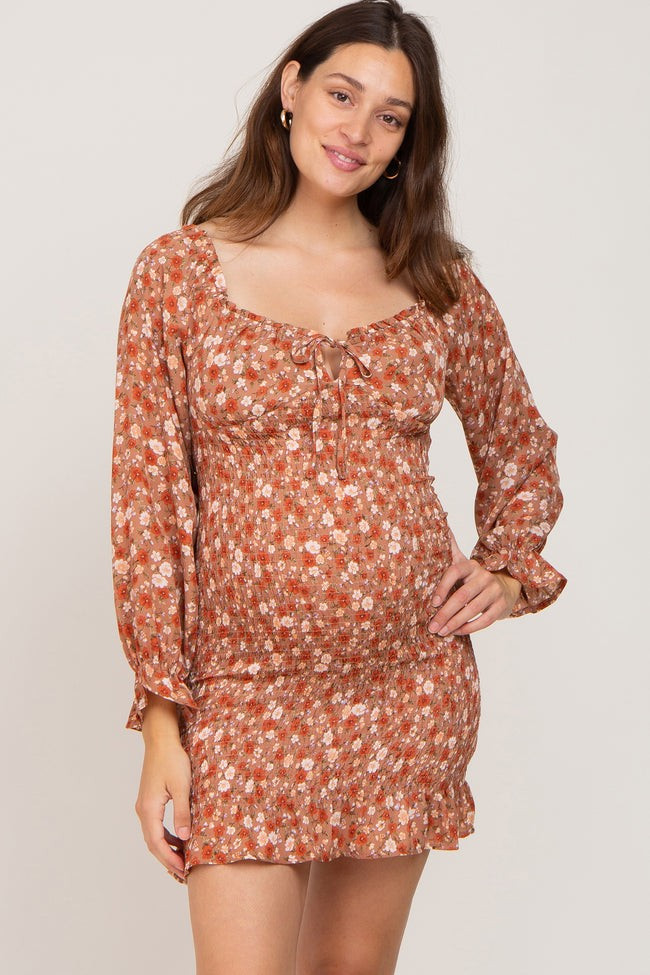 Rust Floral Sweetheart Neck Smocked Long Sleeve Maternity Dress | PinkBlush Maternity