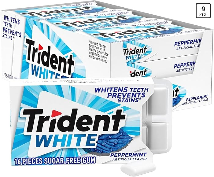 Trident White Peppermint Sugar-Free Chewing Gum, 9 Packs of 16 Pieces (144 Total Pieces) | Amazon (US)