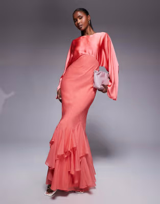 ASOS DESIGN cape sleeve godet maxi dress in coral | ASOS (Global)