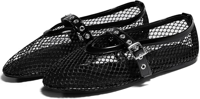 Coutgo Womens Mesh Ballet Flats Mary Jane Fishnet Ballerina Buckle Strap Comfortable Causal Dress... | Amazon (US)
