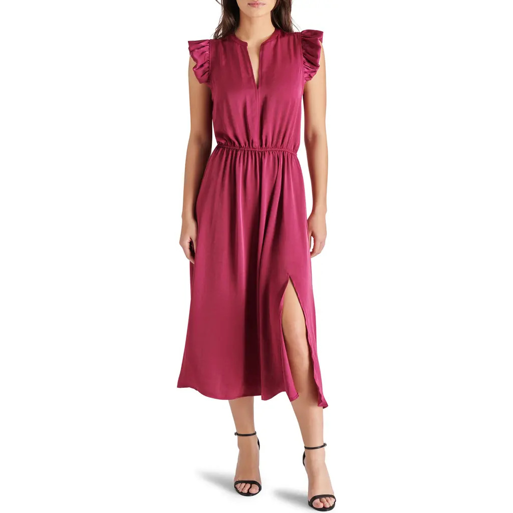 Steve Madden Allegra Ruffle Sleeve Satin Midi Dress in Forest Berry at Nordstrom, Size Large | Nordstrom