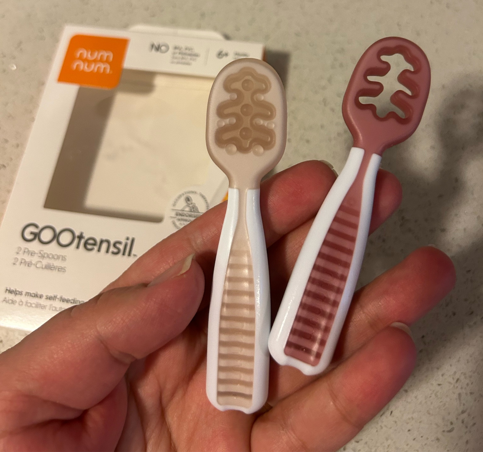 NumNum Pre-Spoon GOOtensils | Baby Spoon Set (Stage 1 + Stage 2) | BPA Free Silicone Self Feeding Toddler Utensils | for Kids Ages 6 Months+, 1-Pack, Two Spoons, Frosty Lilac/Rosebud