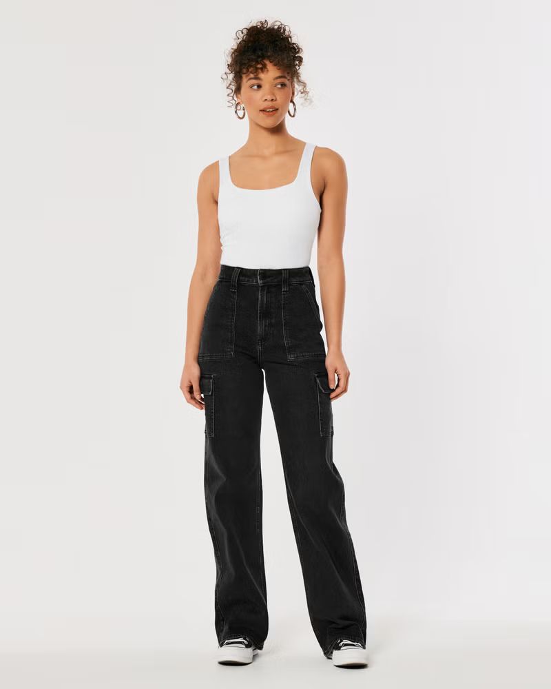 Women's Ultra High-Rise Washed Black Cargo Baggy Jeans | Women's Bottoms | HollisterCo.com | Hollister (US)
