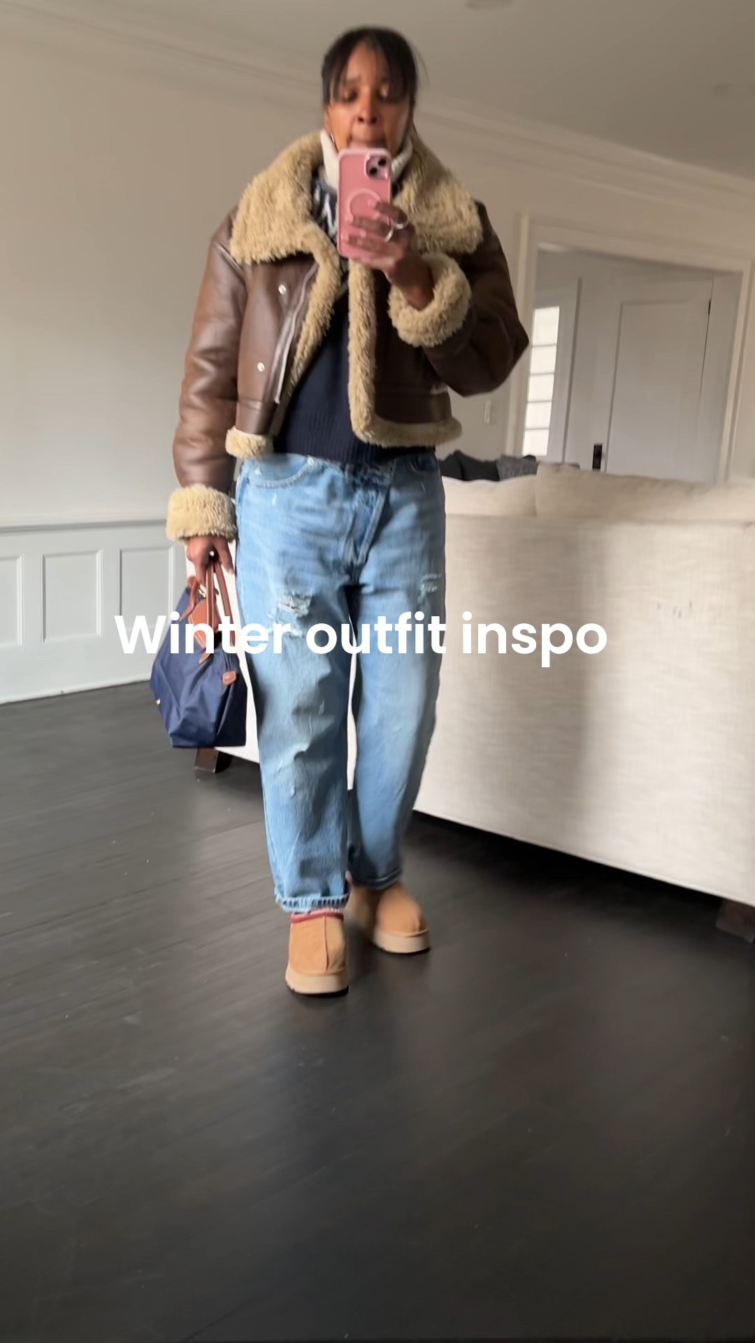 Winter outfit inspo casual weekend outfit holiday sweater Uggs denim faux shearling coat Longchamp small tote #holiday #style #fashion #winter #denim #outfit #weekend #casual 

#LTKOver40 #LTKootd #LTKHoliday