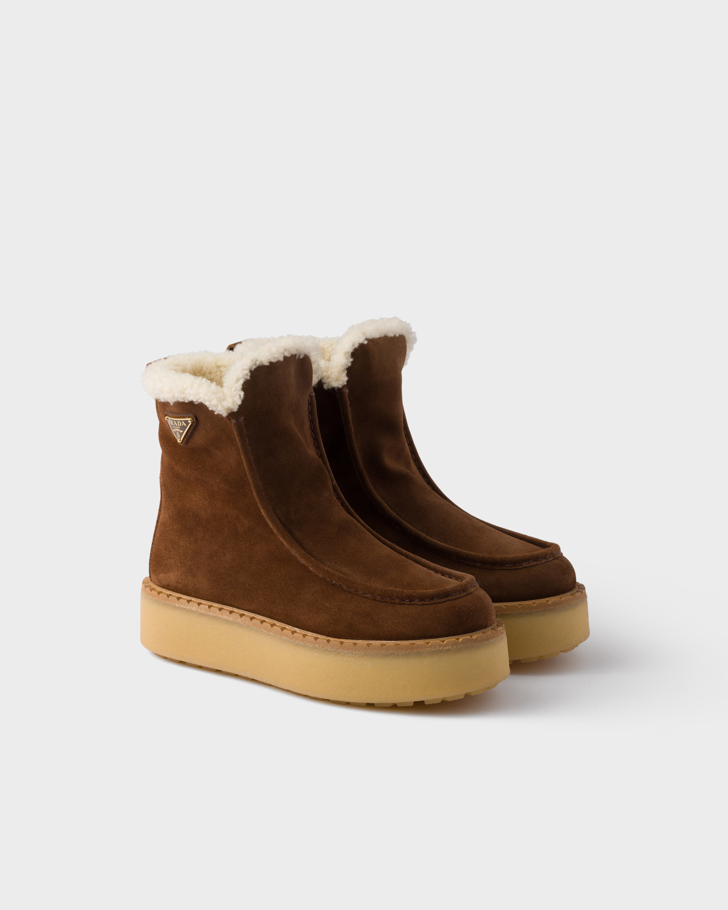 Cocoa Brown Suede And Shearling Booties | PRADA | Prada INT